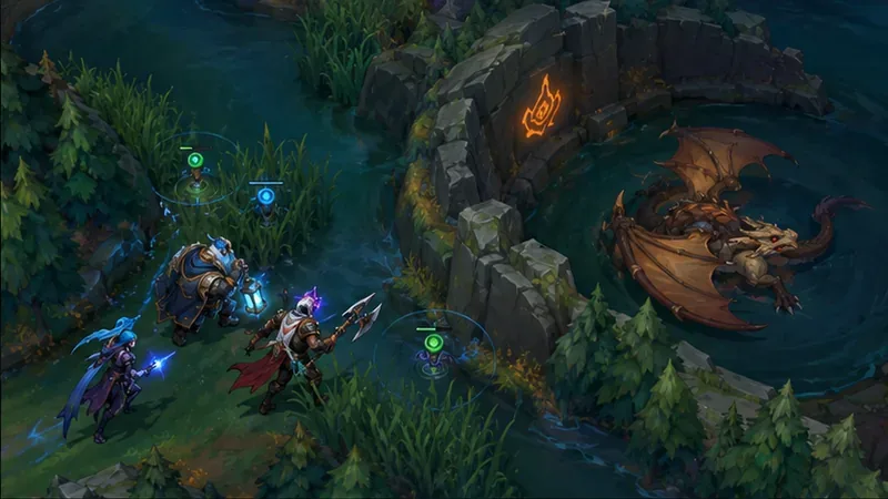 Three allied champions place wards near the river entrance to a dragon pit while the dragon waits inside