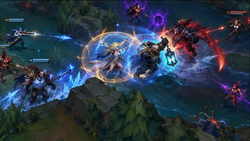 A support shields an allied carry as an enemy diver enters a river teamfight