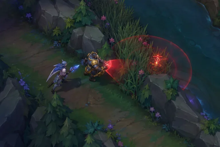 A support and ally use a sweeping vision effect to reveal an enemy ward in river brush