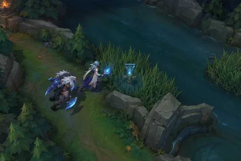 Two allied champions move together through river brush while placing a blue ward near the path