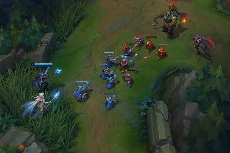A support and allied marksman hold position beside their minion wave while two opponents wait across the lane