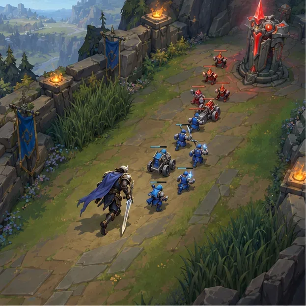 นักดวลในเกม MOBA แนวแฟนตาซีไล่ตามกองทัพมินเนี่ยนฝ่ายเดียวกันไปยังป้อมปราการด้านข้างของศัตรู