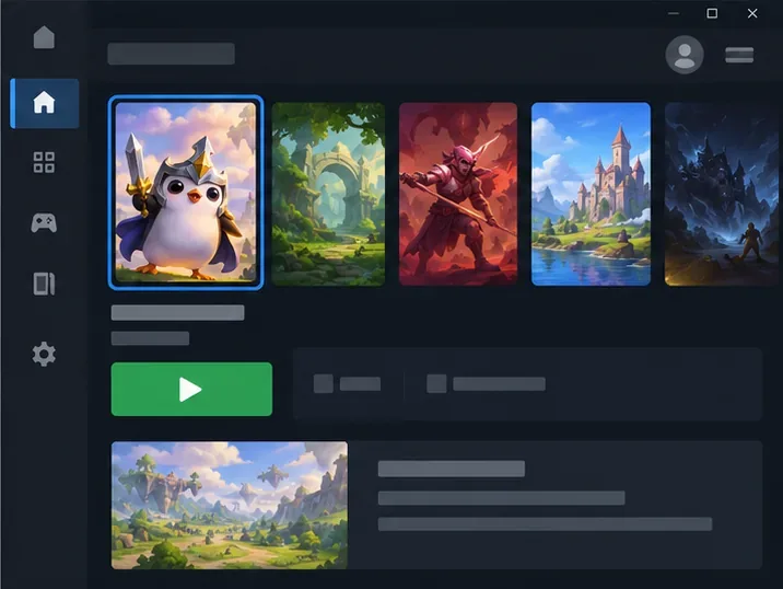Dark PC game launcher with a fantasy game tile selected and a green play control, illustrating how to open TFT from the launcher.