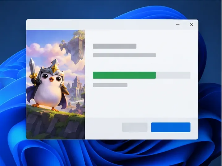Windows installer window with a game image and partially filled progress bar, illustrating the Riot Client download and installation stage.