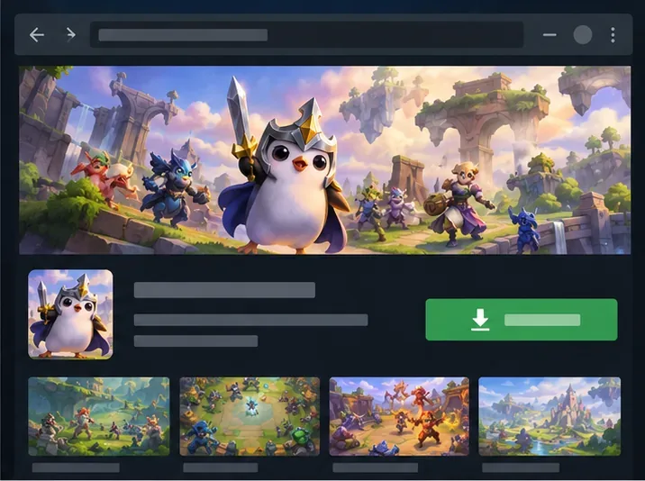 Browser-style game download page with a fantasy auto-battler banner and download control, illustrating where to begin the official TFT download.