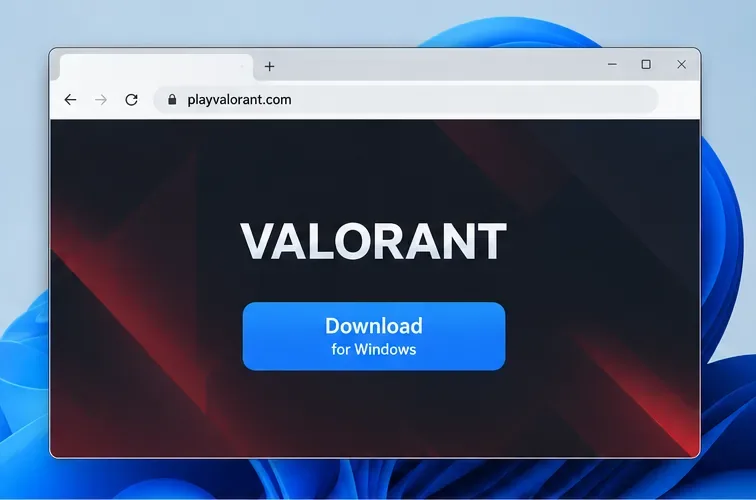 Navegador conceitual mostrando playvalorant.com com a ação de download oficial do VALORANT para Windows.