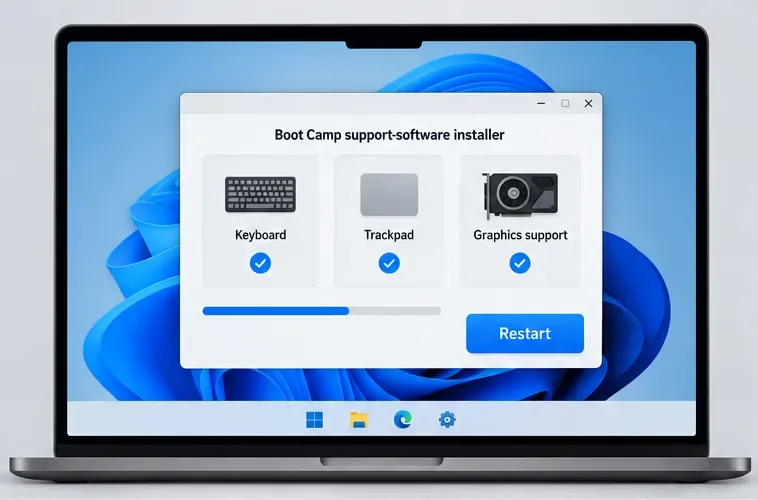 Área de trabalho conceitual do Windows mostrando o software de suporte do Boot Camp para teclado, trackpad e placa gráfica, com um botão de reinicialização.