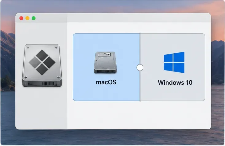 Janela conceitual de partição do Boot Camp dividindo um disco do Mac em seções de macOS e Windows 10.