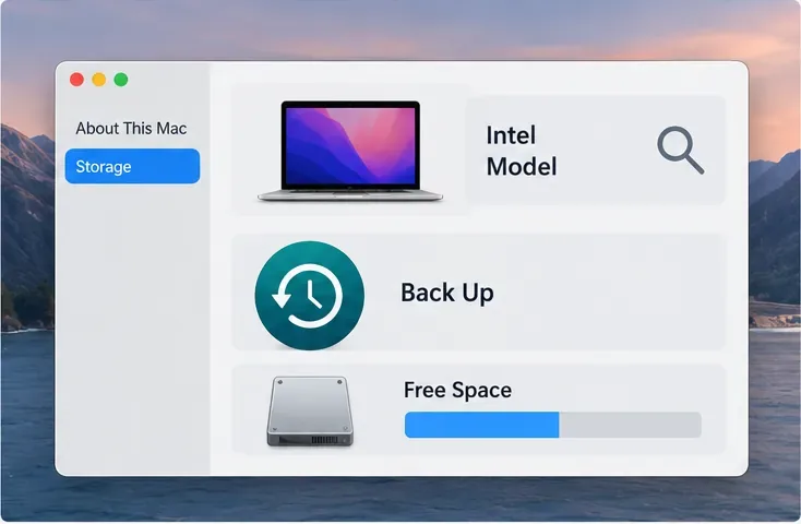 Janela conceitual de armazenamento e backup do Mac mostrando uma verificação do modelo Intel, opção de backup e barra de espaço livre.