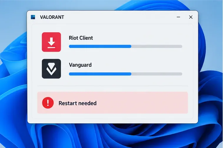 Janela conceitual do instalador do VALORANT com barras de progresso do Riot Client e do Vanguard, além de um aviso de reinicialização necessária.