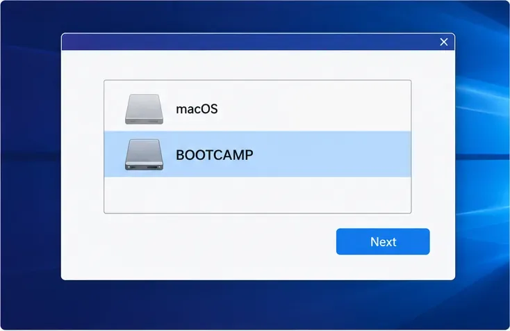 Tela conceitual de configuração do Windows com a partição BOOTCAMP selecionada.