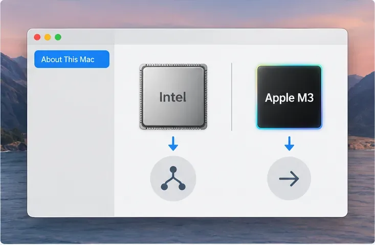 Janela conceitual de configurações do Mac comparando um chip Intel com um chip Apple M3 antes de escolher um caminho de instalação do VALORANT.