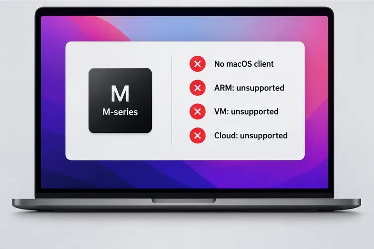 O cartão conceitual de compatibilidade com o Apple Silicon não lista nenhum cliente macOS e não oferece suporte a opções de ARM, máquina virtual e nuvem.