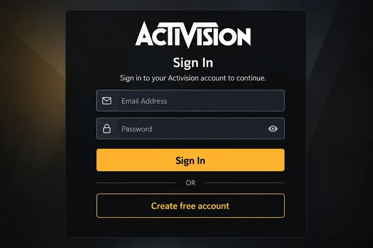 Het inlogscherm van Activision met velden voor e-mailadres en wachtwoord en een optie om een gratis account aan te maken.