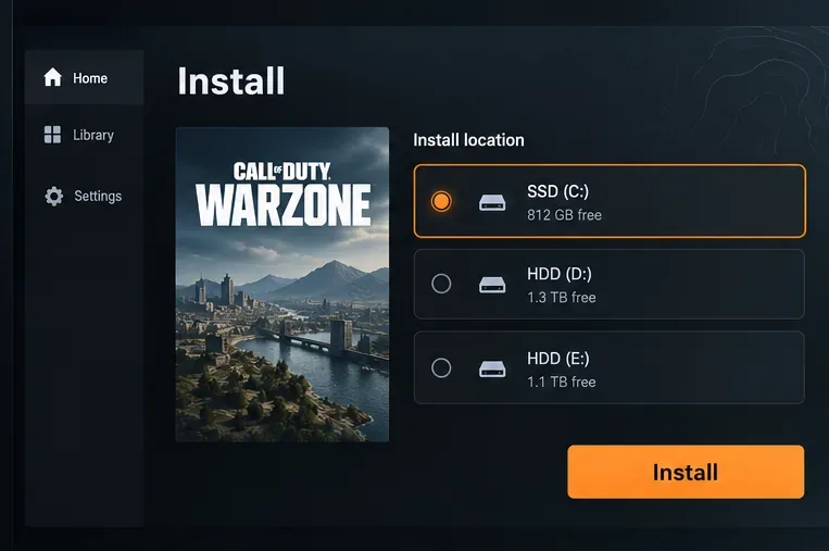 Scherm met de installatielocatie van Warzone, waarop een SSD-schijf is geselecteerd en een knop 'Installeren' staat.