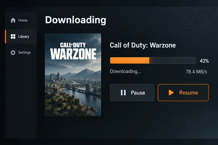 Scherm met de downloadvoortgang van Warzone, inclusief een voortgangsbalk en knoppen voor pauzeren en hervatten.