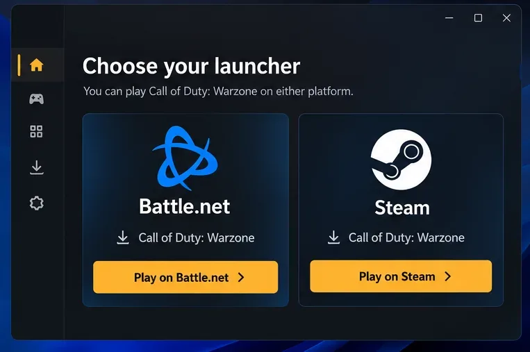 Het keuzescherm van de launcher toont Battle.net en Steam als de twee pc-opties voor Call of Duty Warzone.