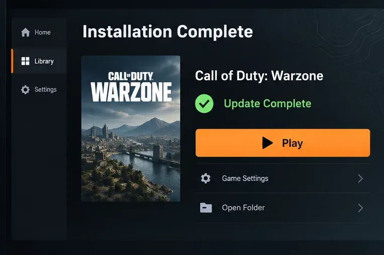 Het Warzone-opstartscherm toont 'Update voltooid' en een 'Spelen'-knop.