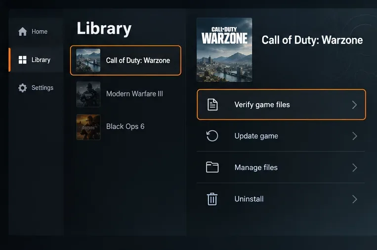 Scherm voor het repareren van de gamebibliotheek met Call of Duty Warzone geselecteerd en een actie 'Spelbestanden controleren'.