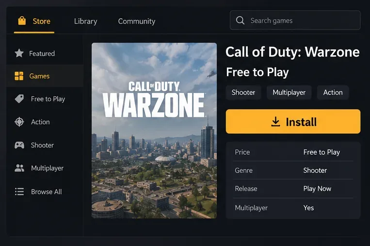 Call of Duty Warzone-aanbieding in de store, gemarkeerd als 'Gratis te spelen' met een prominente 'Installeren'-knop.