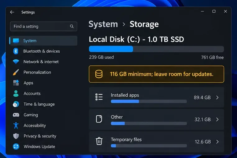 Het opslagscherm van Windows-instellingen toont een SSD met vrije ruimte en een herinnering om minimaal 116 GB plus ruimte voor updates vrij te houden.