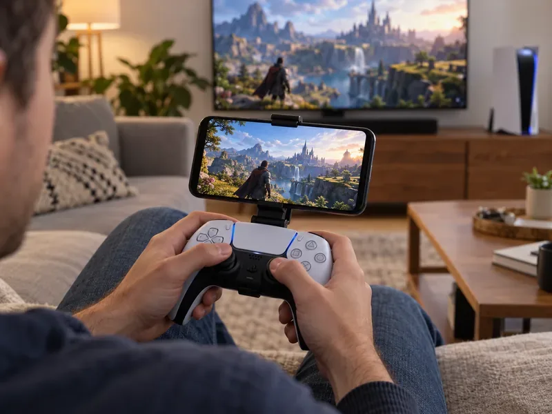 Um jogador usando um controle DualSense conectado a um smartphone enquanto transmite um jogo de console.