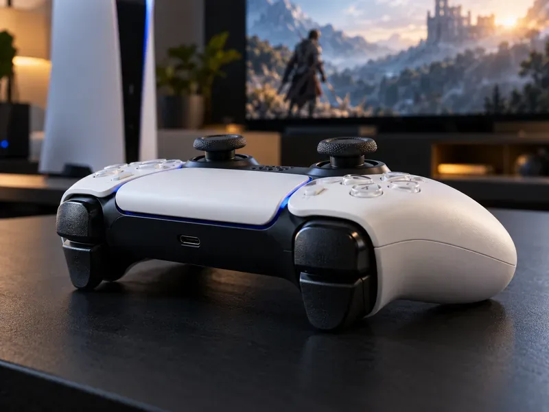 Um controle DualSense branco e preto sobre uma mesa em frente a um setup de jogos PS5.
