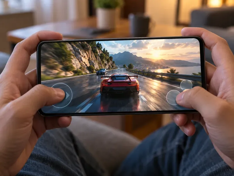 Mãos usando controles circulares na tela em um jogo de corrida em um smartphone.