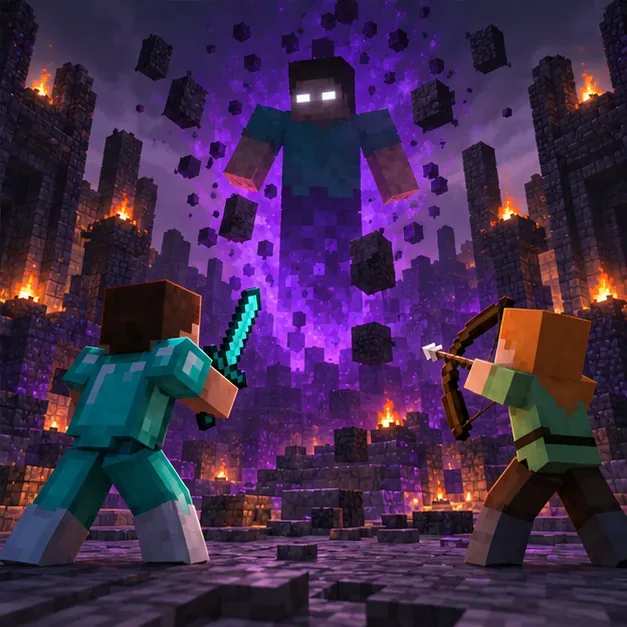 Two blocky players face a towering white-eyed Herobrine-like boss in a dark arena.