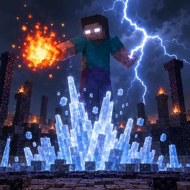 A blocky Herobrine-like boss raises a fireball above ice spikes as lightning flashes behind him.