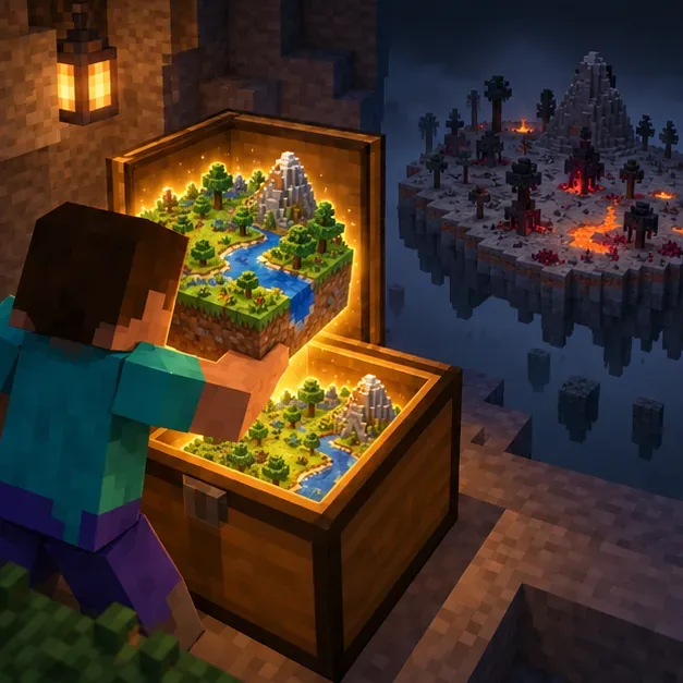 A player compares a stored miniature block-world with a separate dark test landscape, representing a backup and isolated test world.