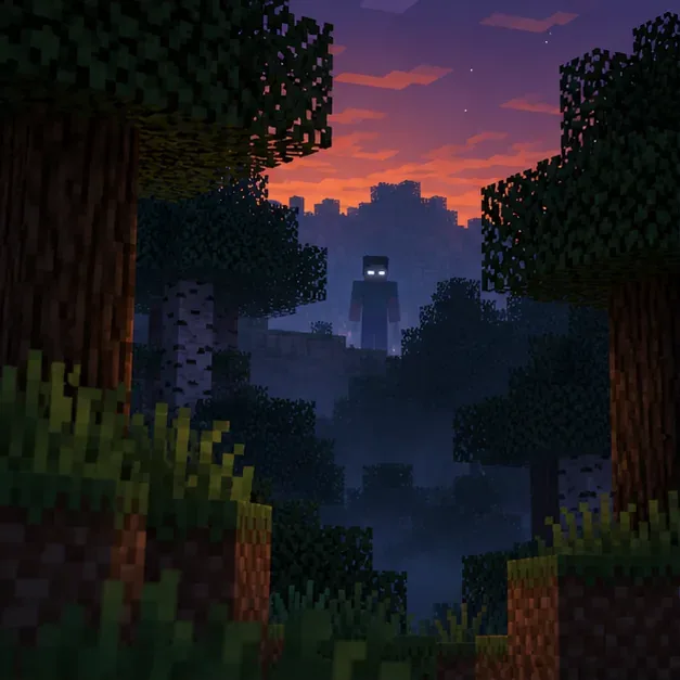 A distant white-eyed figure stands between cubic trees at dusk in a blocky forest.