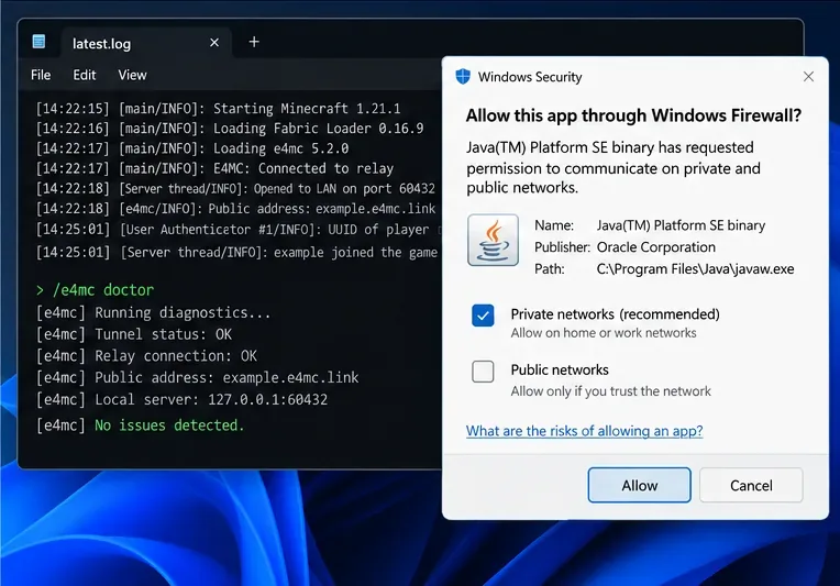 ตัวอย่างบันทึกการวินิจฉัย E4MC และกล่องโต้ตอบการอนุญาตไฟร์วอลล์ Java ของ Windows Security