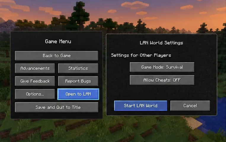 เมนูหยุดเกม Minecraft Java Edition ที่มีตัวเลือก "เปิดให้เล่นผ่าน LAN" ถูกไฮไลต์อยู่ข้างๆ "การตั้งค่าโลก LAN" และ "เริ่มโลก LAN"