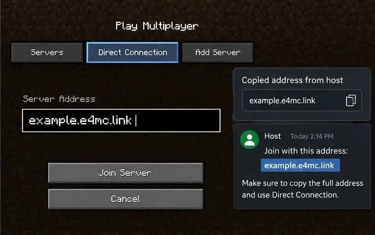 ช่อง Minecraft Direct Connection จะถูกกรอกด้วยตัวอย่าง example.e4mc.link พร้อมกับข้อความ copyed-address จากโฮสต์