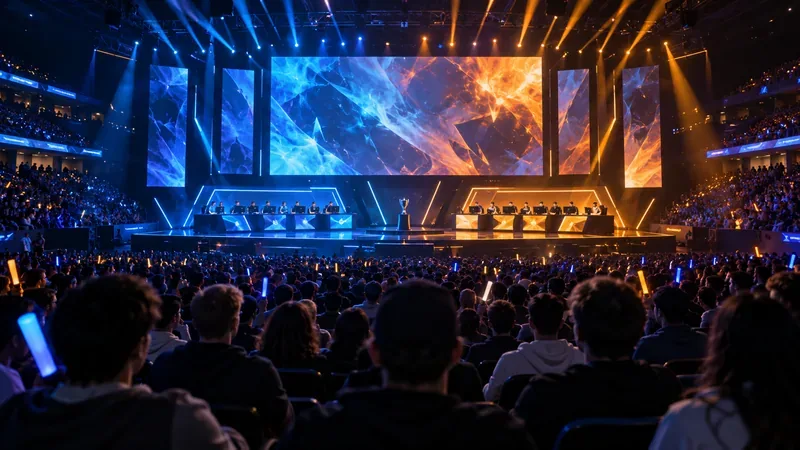 Uma arena de esports lotada com duas fileiras de jogadores sob iluminação de palco azul e âmbar.
