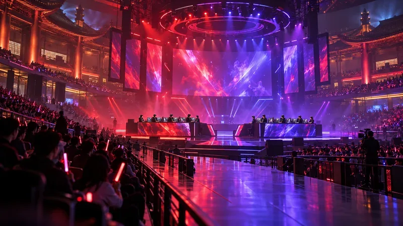Um amplo palco interno para eSports com iluminação vermelha e violeta, estações para jogadores e torcedores sentados.