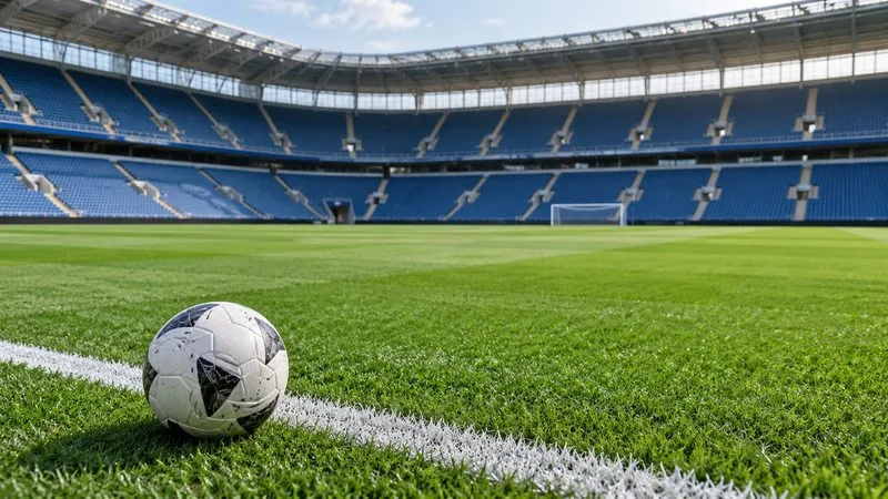 Een voetbal ligt naast de zijlijn op een groen veld in een stil stadion.