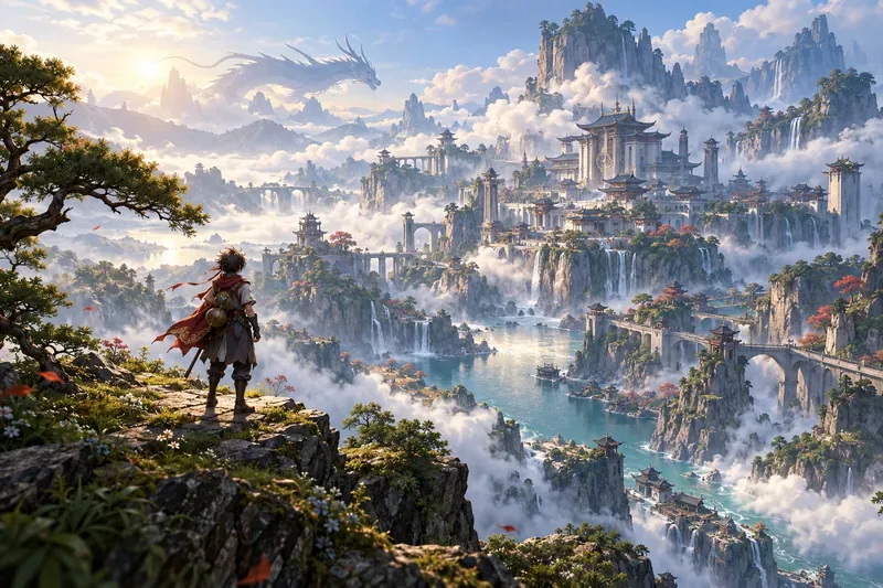 An adventurer overlooks a wide fantasy valley with mountain cliffs, waterfalls, bridges, and an academy
