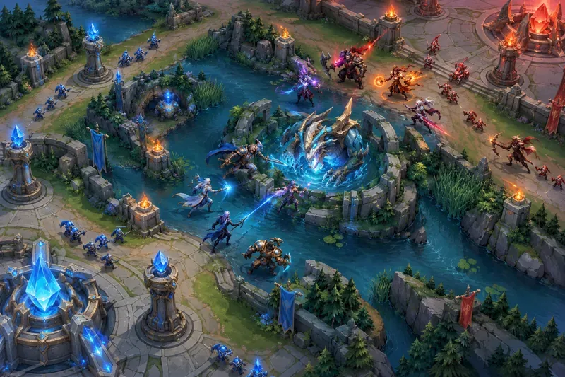 A fantasy MOBA battlefield with a central river, lane towers, and two teams approaching an objective