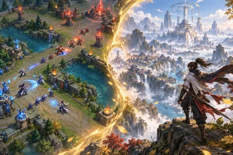A split fantasy scene contrasts a compact lane battle on one side with an adventurer exploring a vast valley on the other
