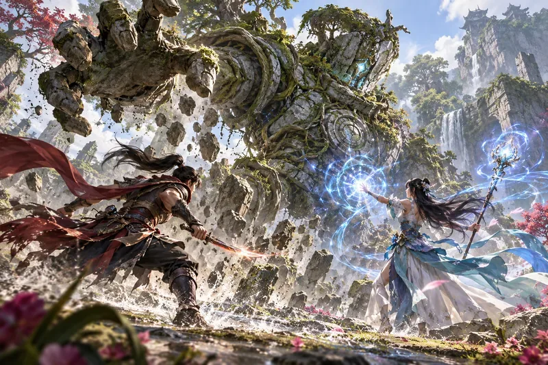Arte conceitual de dois heróis coordenando ataques contra um guardião de pedra em uma floresta.
