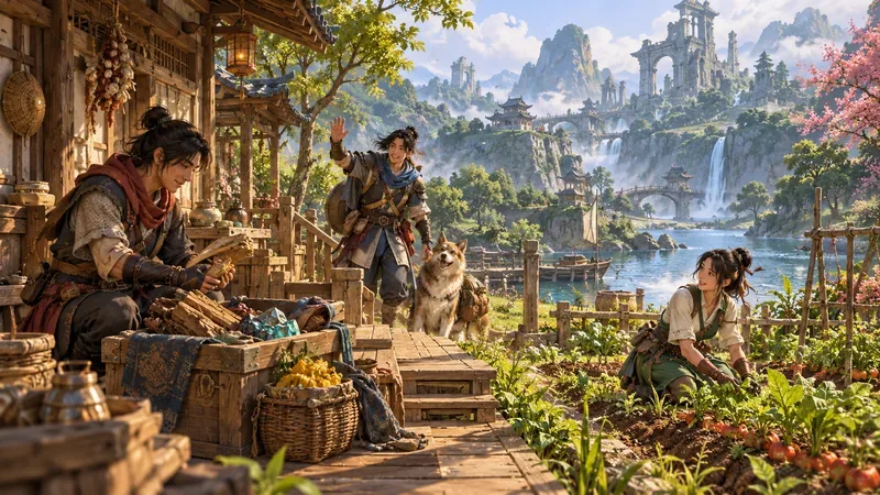 Arte conceitual de três aventureiros cultivando e cuidando de um jardim ao lado de uma casa à beira do rio.