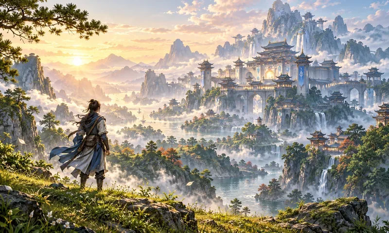 Arte conceitual de um aventureiro olhando através de um vale enevoado em direção a uma academia de fantasia oriental.