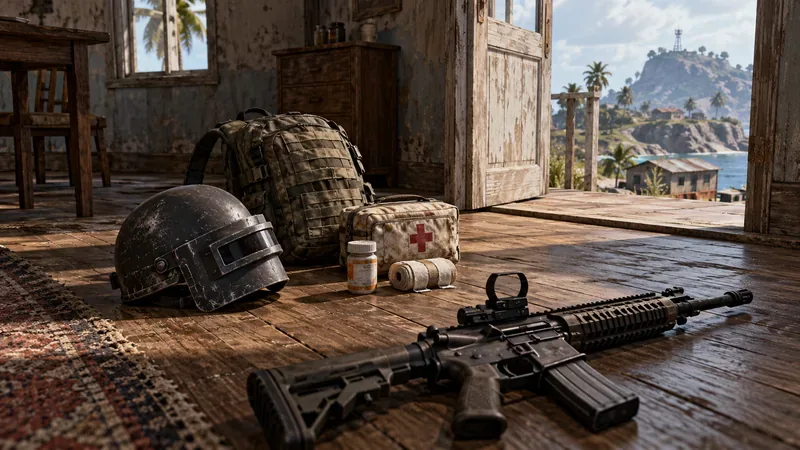 Um rifle, um capacete, uma mochila e suprimentos médicos estão sobre o chão de madeira dentro de uma casa desgastada.
