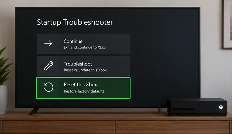 Simplified Xbox recovery menu with Reset this Xbox highlighted