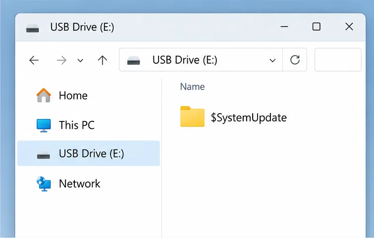 USB drive root in File Explorer showing the extracted $SystemUpdate folder
