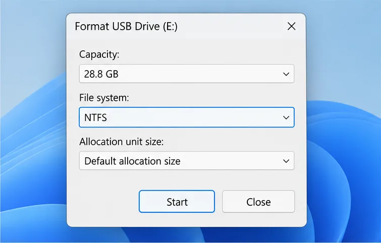 Windows USB format dialog with NTFS selected for an Xbox One offline system update drive