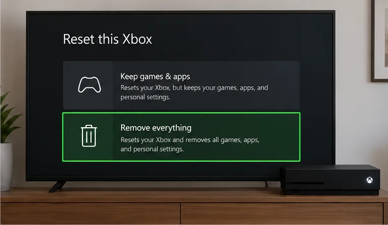 Xbox One reset menu with Remove everything highlighted beneath Keep games and apps