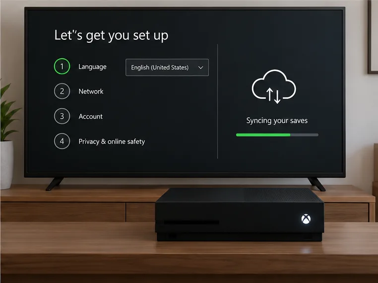 Xbox first-run setup screen with language, network, account, and cloud save sync steps